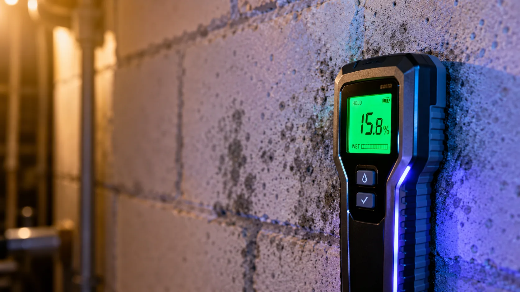 Mold inspection equipment and moisture meter on a basement wall